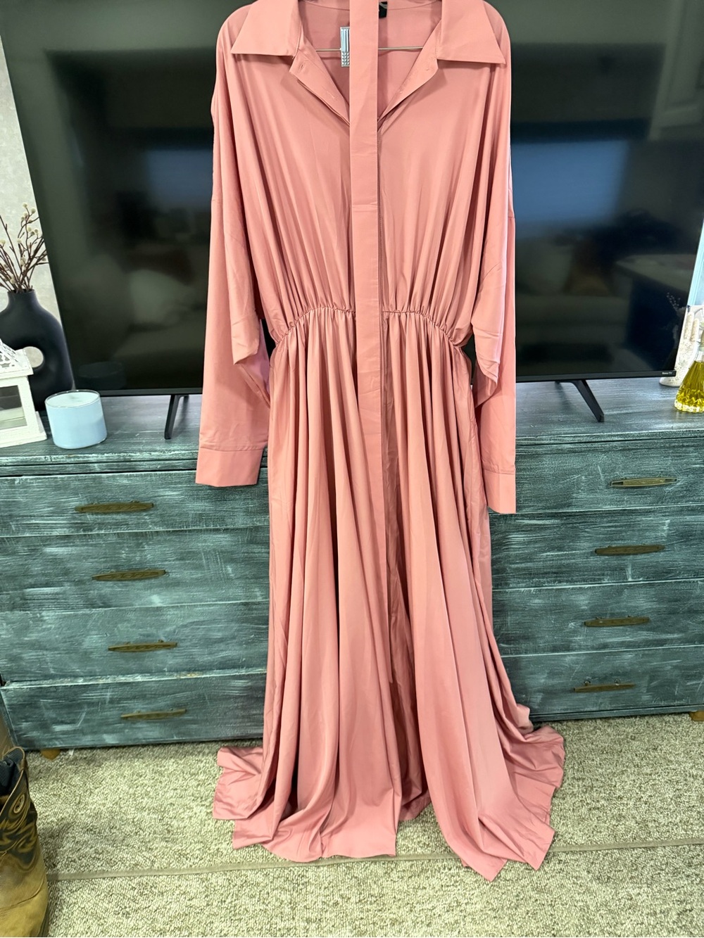 Maxi Shirt Dress in Dusty Rose with Gathered Waist